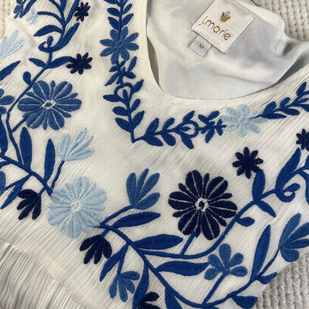 J. Marie White Blue Floral Embroidered Tiered Mini Dress Womens Medium  Pockets